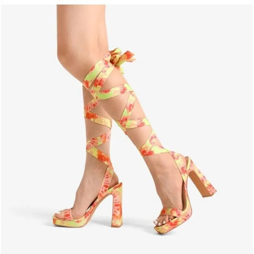 DREAM‎ PAIRS Women Heel Pump Sandals Leg Wrap Up Yellow Green Pink Tie-dye 8.5